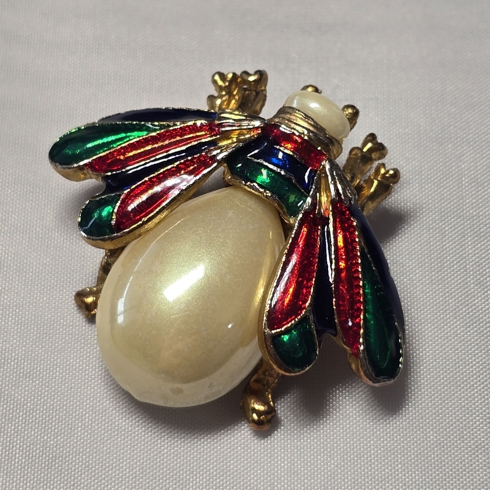 MFA Bee Brooch Rhinestone Enamel Faux Pearl Pin